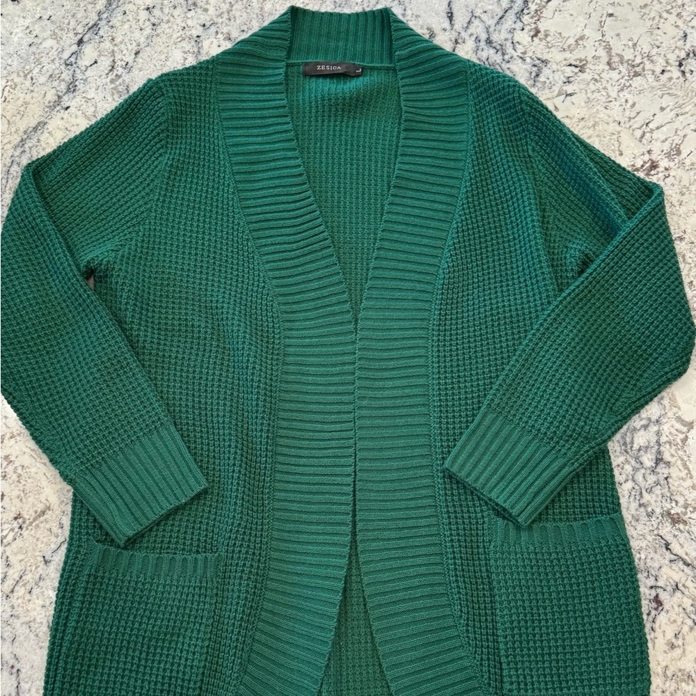 ZESICA Emerald Green Waffle Knit Open Front Cardigan Size Large - Picture 2 of 13